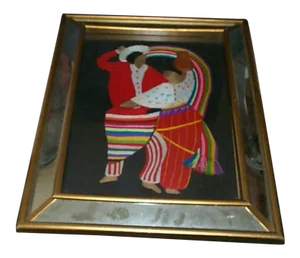 1950s Guatemalan Hand Stitched Crewel Woven Embroidery Textile, Framed