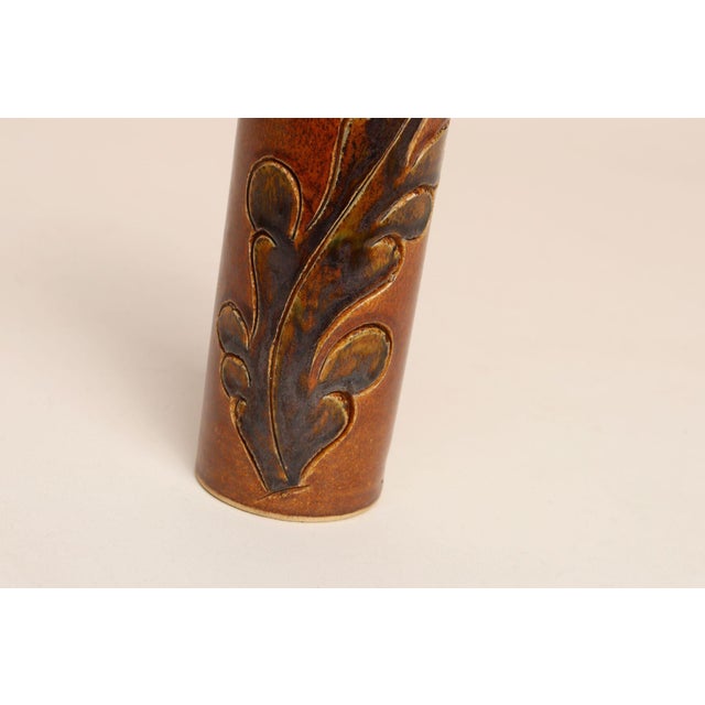 Vintage Studio Pottery Sunburst and Botanical Motif Matte Amber Glazed Vase For Sale - Image 13 of 18