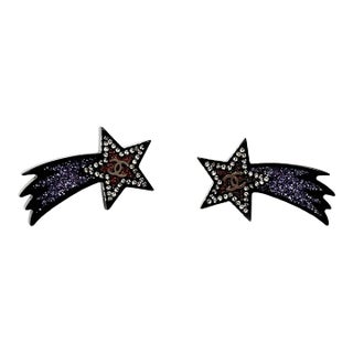 Chanel Silver CC Black Purple Glitter Shooting Star Piercing Earrings - 2 Pieces For Sale