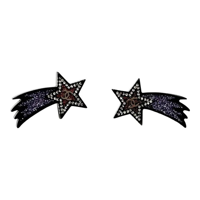 Chanel Silver CC Black Purple Glitter Shooting Star Piercing Earrings - 2 Pieces For Sale