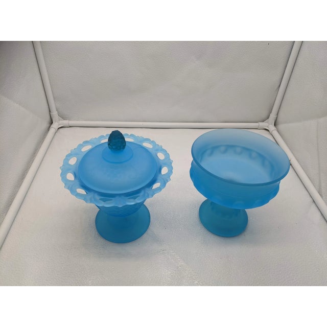 Mid 20th Century Frosted Blue Compote Candy Dish With Lid Lace Edge Grape Motif Pineapple Topper For Sale - Image 4 of 9