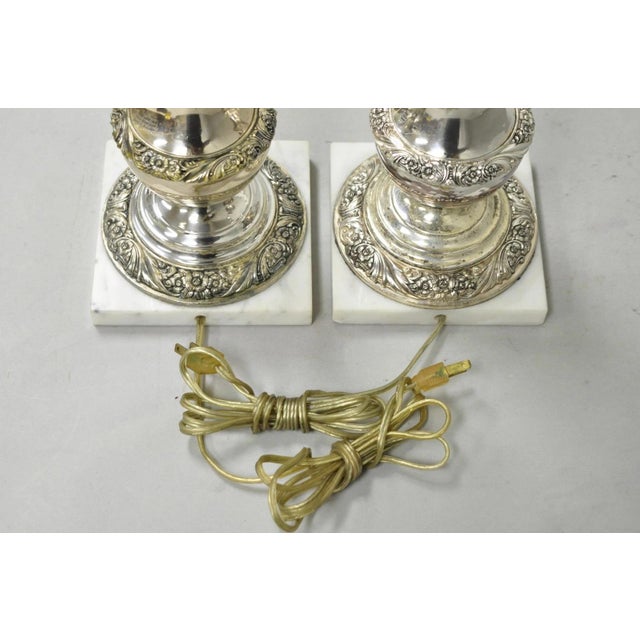 Mid 20th Century International Victorian Silver Plate Floral Repousse Candlestick Table Lamp Pair For Sale - Image 16 of 18