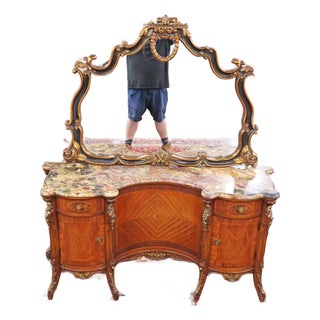 1920's French Style Marble Top Inlaid Walnut Vanity With Later Companion Mirror For Sale