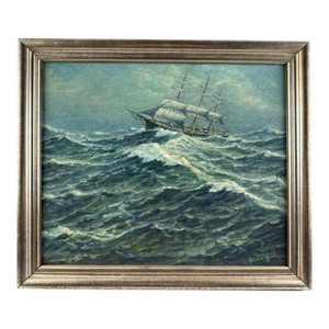 Parker Gamage Maine, 1882-1960 Clipper Ship in Rough Seas. Oil on Board Framed