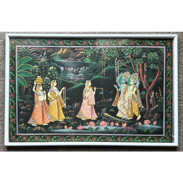 Vintage original painting done in gauche of three Hindu women bringing gifts to a bride and groom. Very finely painted...
