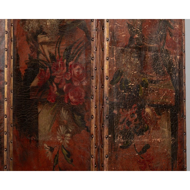 Vintage Spanish Baroque Painted Leather Folding Screen For Sale - Image 9 of 12