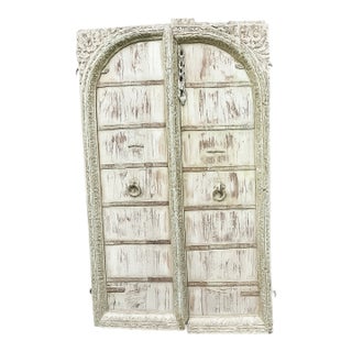 Antique Indian Jharokha Terrace Window | Distressed Green Hand-Carved Wall Decor 62x37 For Sale