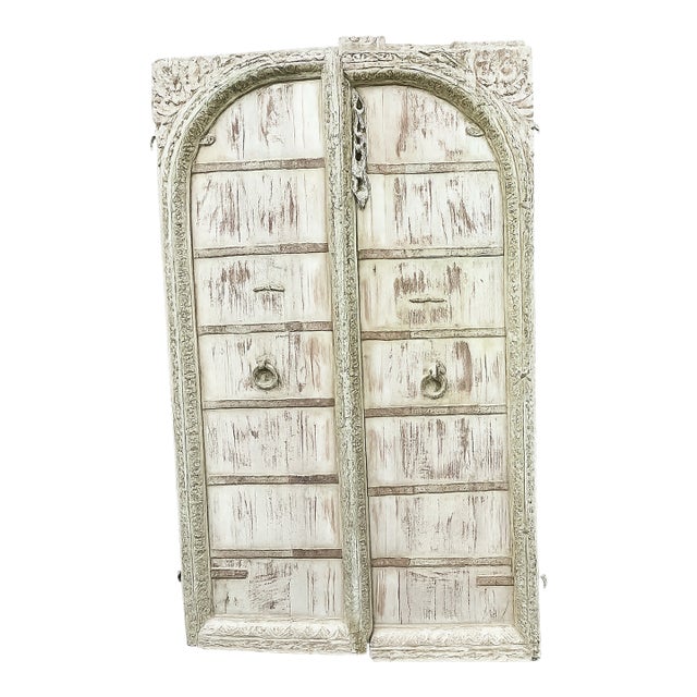 Antique Indian Jharokha Terrace Window | Distressed Green Hand-Carved Wall Decor 62x37 For Sale