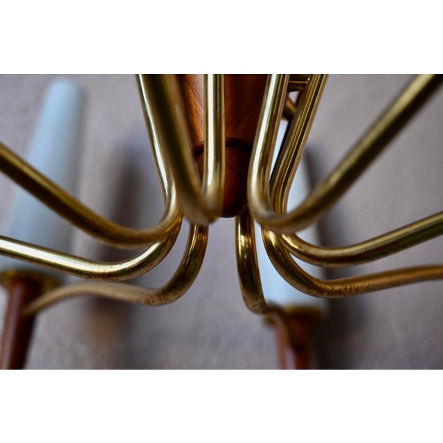 Mid-Century Scandinavian 8-Arm Chandelier in Teak, Brass and Opaline Glass, 1950s For Sale - Image 11 of 13