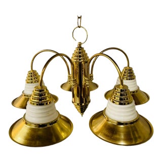 Art Deco Style Brass Torch Style 5 Arms Chandelier or Pendant For Sale