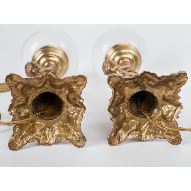 1950s Spanish Neo-Classical Cast Brass Cherubs / Putti Table Lamps With Opal Glass Shades - A Pair For Sale - Image 9 of 12