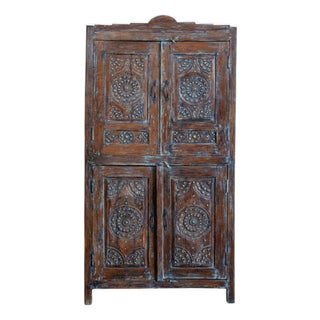 Antique Floral Carved Armoire – Distressed Blue Cabinet With Brass Stud Detailing 70x36 For Sale