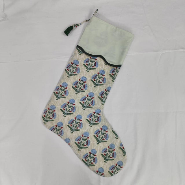 Indian Handmade Light Blue Poppy Block Print Christmas Stocking with Dark Green Piping For Sale - Image 3 of 3