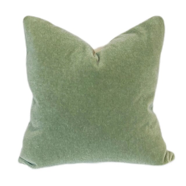 Contemporary Plush 24" Celadon Down Filled Mohair Pillows - A Pair For Sale - Image 3 of 3