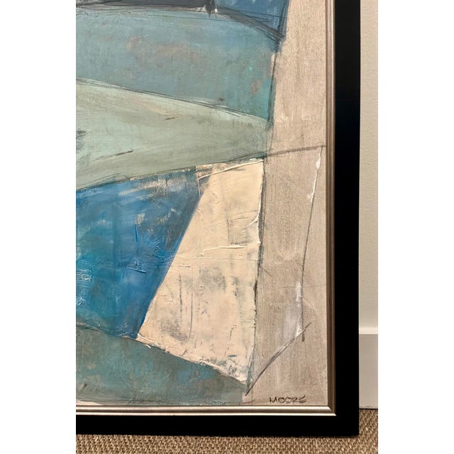 2020s Mod-Century Modern Abstract Blue and Cream Painting For Sale - Image 5 of 6