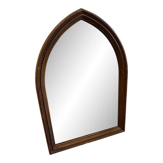 1970s Vintage Thomasville Furniture Solid Wood Gothic Cathedral Arched Wall Mirror For Sale
