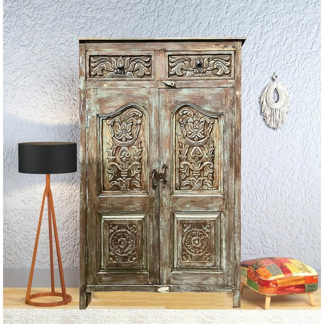 Mid-Century Modern Antique Spanish Style Armoire Carved Storage Bar Cabinet For Sale - Image 3 of 9
