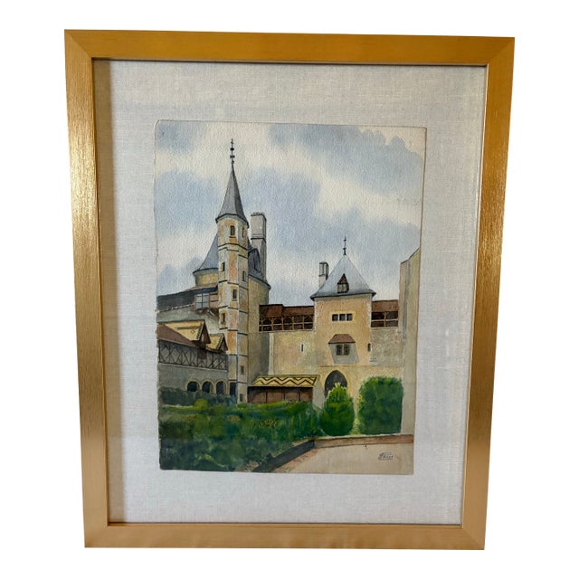 Mid 20th Century Framed French Watercolor Painting of Chateau La Roche Pot For Sale