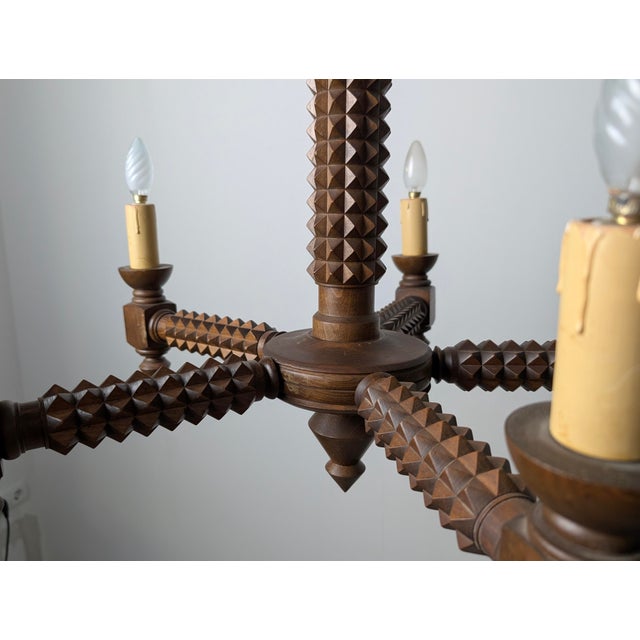 Wood French Brutalist Carved Wood Chandelier by Charles Dudouyt, 1940s For Sale - Image 7 of 15