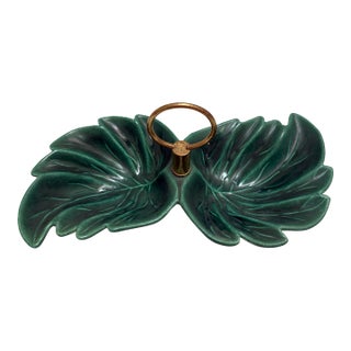 Mid Century Green Leaf Design Ceramic Decor and Serving Tray For Sale