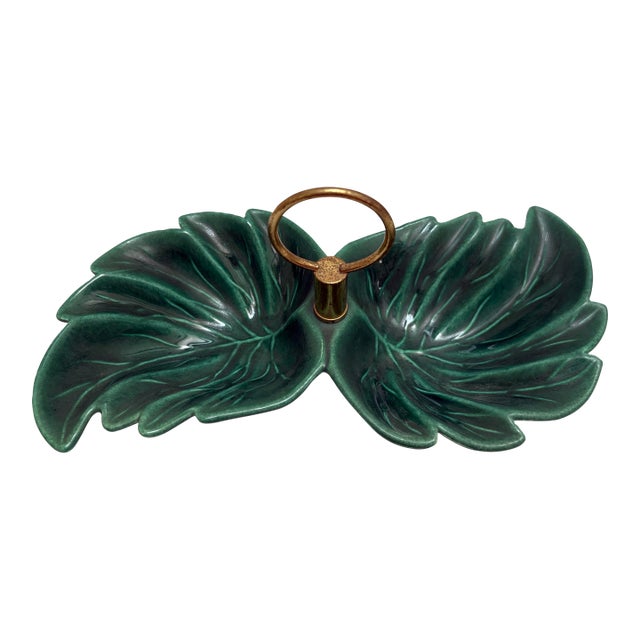 Mid Century Green Leaf Design Ceramic Decor and Serving Tray For Sale