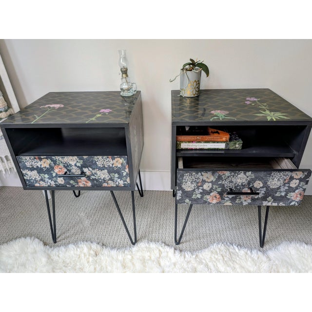 Art Deco Moody Botanical Functional Art | Vintage Nightstand Pair | Hand-Decorated | Resin Top | Hairpin Legs For Sale - Image 3 of 11