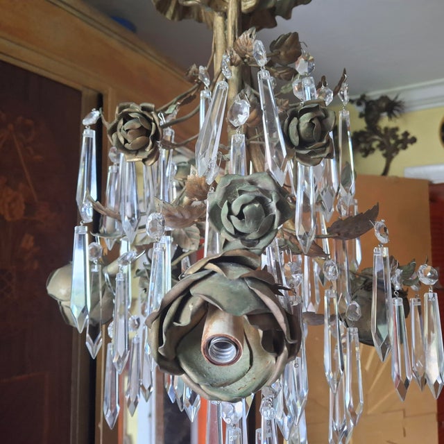 1940s Hollywood Regency Gilt & Verdigris Bronze/ Tole/ Crystal Pendant Chandelier For Sale - Image 4 of 12