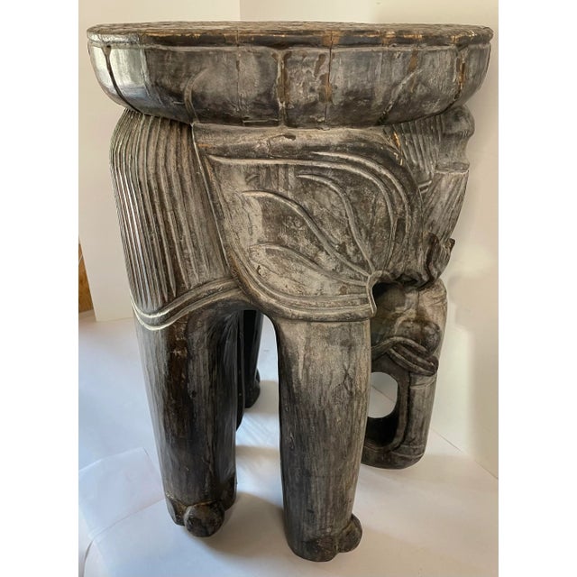 Gray Vintage Wooden Carved Elephant Stool For Sale - Image 8 of 10