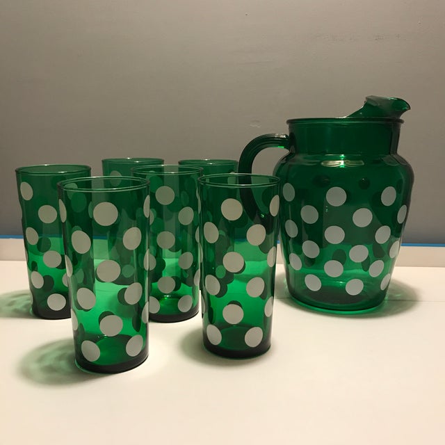 1930s Vintage Anchor Hocking Green Polka Dot Glasses & Pitcher Set of 7