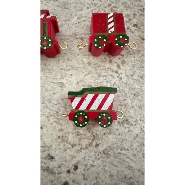 Wood Vintage Christmas Candle Holder Wood Train Set and Round Hatbox Ornaments- 13 Pieces For Sale - Image 7 of 12