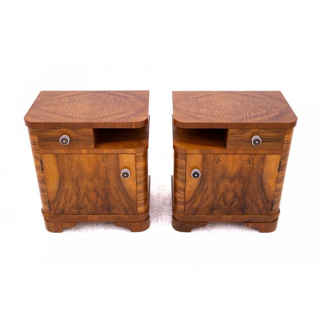 Mid-Century Modern Mid-20th Century Walnut Bedside Tables, Poland, 1940s, Set of 2 For Sale - Image 3 of 15