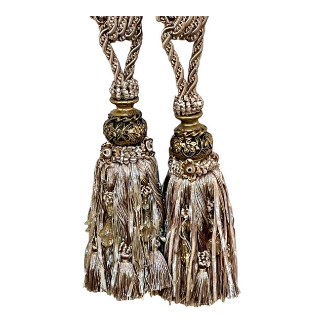 Pair Vintage French Passementerie Tassel Drapery Tiebacks Light Tan For Sale