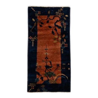Antique Art Deco Handmade Tan and Blue Floral Scatter Wool Rug For Sale