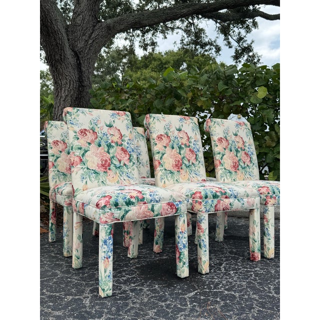 English Set of 6 Vintage Floral Upholstered Parsons Chairs For Sale - Image 3 of 12