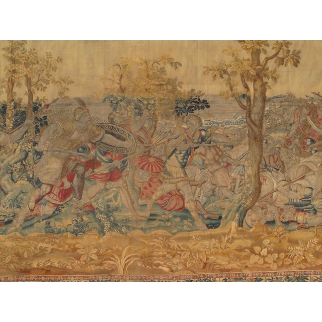 17th Century Fine Brussels Tapestry, Silk Wool, Green, Blue, Red, Battle Scene For Sale In New York - Image 6 of 12