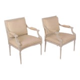 Pair Louis XVI Style Carved and Painted Square Back Arm Chairs For Sale