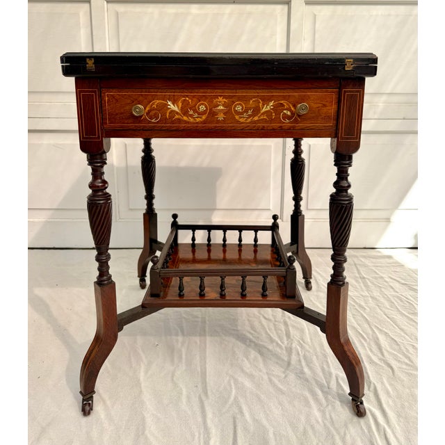Antique Louis XVI Marquetry Envelope Folding Game Table With Felt Top & Drawer For Sale - Image 12 of 18