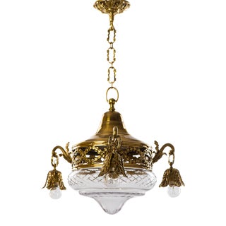 1950s Brass 3 Branch 4-Light Chandelier With Center Cut Glass Shade For Sale