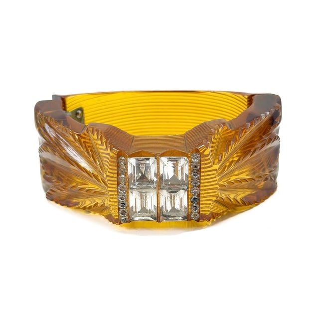 Plastic Vintage Art Deco Carved Bakelite and Paste Hinged Cuff, 1930s For Sale - Image 7 of 14