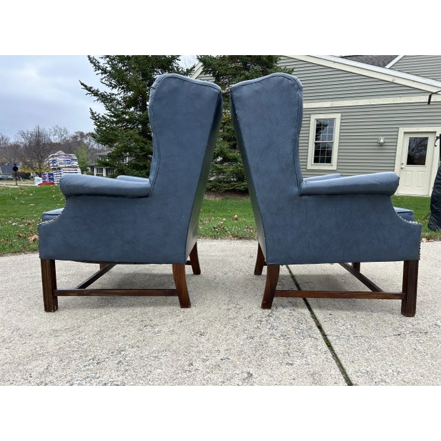 Mid-Century Modern Mid-Century Chesterfield Wingback Chairs, a Pair - Tufted Blue Faux Leather With Nailhead Detailing For Sale - Image 3 of 11