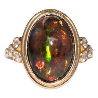 4.5Ct Black Opal Ring With Earth Mined Diamonds Accents: Solid 14k Gold, 15x10mm For Sale