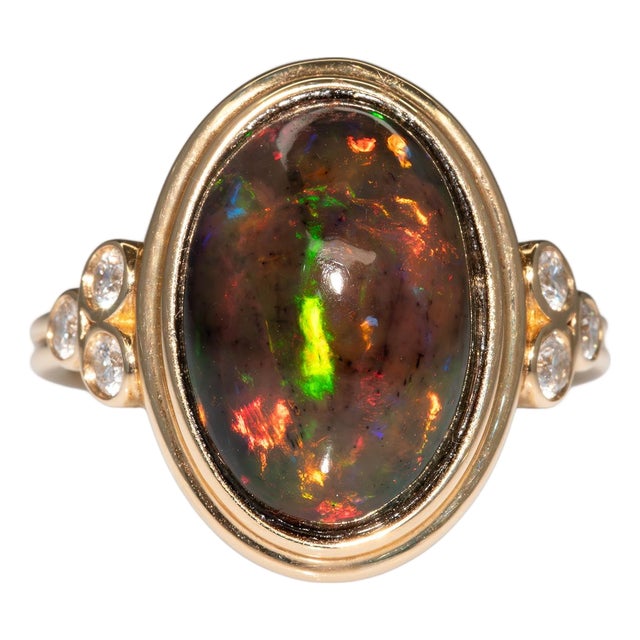 4.5Ct Black Opal Ring With Earth Mined Diamonds Accents: Solid 14k Gold, 15x10mm For Sale