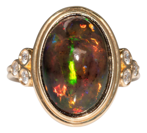 4.5Ct Black Opal Ring With Earth Mined Diamonds Accents: Solid 14k Gold, 15x10mm