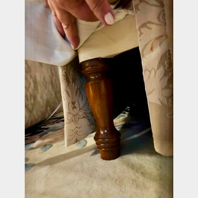 English Tufted Roll Arm Cream Damask Sofa With Three Down Filled, Removable, Reversible Cushions in Perfect Condition- Final Discounted Price! For Sale - Image 11 of 11