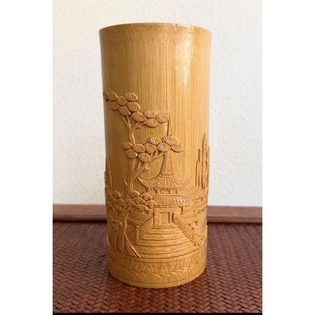1970s New Old Stock Hand-Carved Bamboo Pagoda Asian Bud Vases — Set of 3 For Sale - Image 4 of 7
