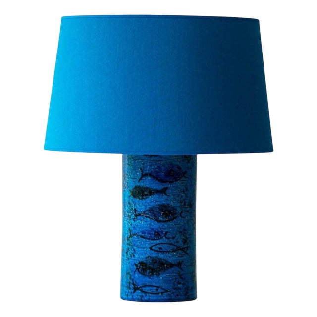 Aqua Ceramic Table Lamp from Bitossi with Blue Silk Lampshade attributed to R. Houben, 1970s For Sale