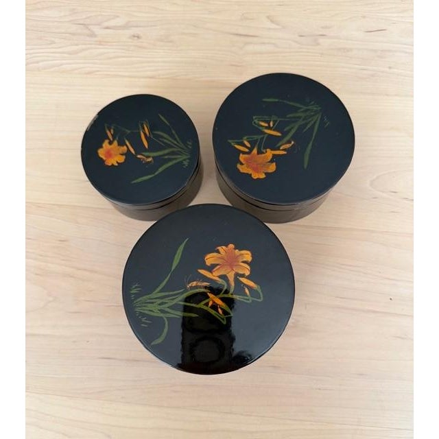 Vintage Black Lacquered Japanese Hand Painted Nesting Trio Boxes For Sale - Image 4 of 4