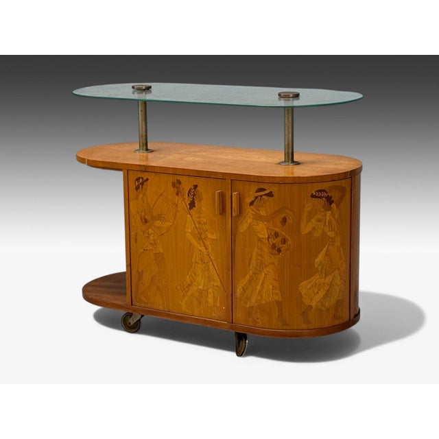 Erik Mattsson, Mjölby Intarsia, Marquetry, Glass, Rare "Festtåget" Bar Cart or Rolling Trolley, Sweden, 1930s A rare...
