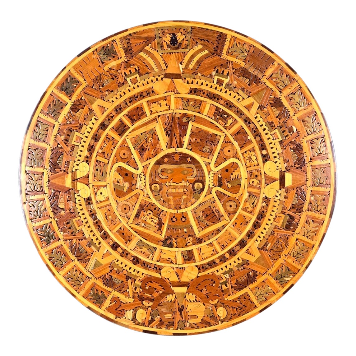 1970s Aztec Mayan Calendar Carved / Inlaid Mixed Wood Wall Hanging or ...