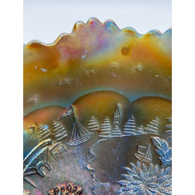 Blue Vintage Fenton Blue Carnival Glass Chrysanthemum & Windmills 3-Footed Bowl For Sale - Image 8 of 11